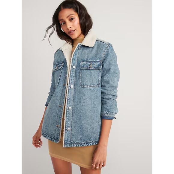 Old Navy Sherpa-Lined Non-Stretch Denim Jean Utility Shacket Blue Small - Picture 1 of 5